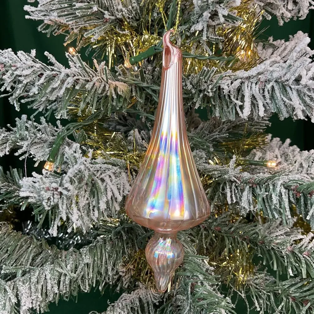 Iridescent Blush Pink Glass Finial Drop Christmas Tree Ornament